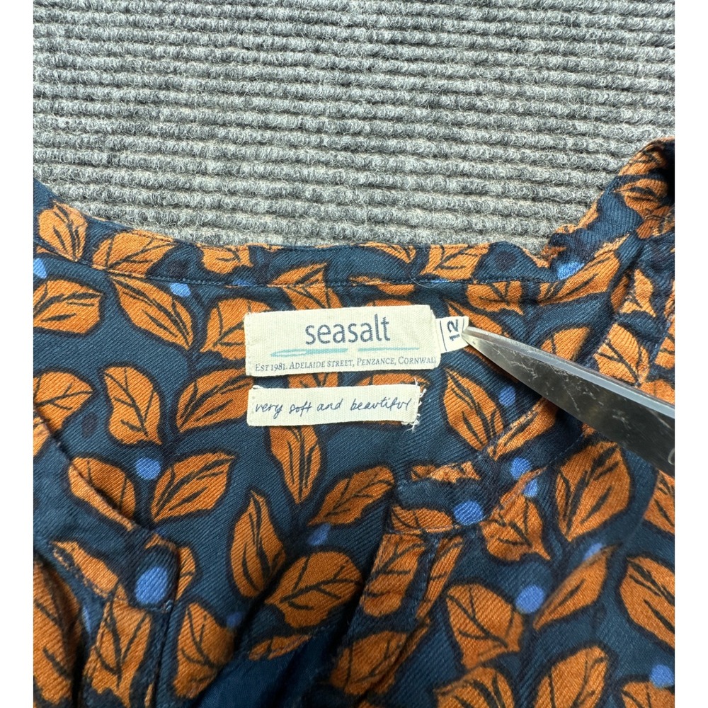Seasalt Bunting Dress Women 12 Blue Orange Leaf Print 3/4 Sleeve Cotton Blend - Picture 4 of 8